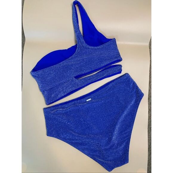 Berlook Lurex One Shoulder Bikini Top & High Waisted Bottoms Set Blue Size 16 - Picture 6 of 12